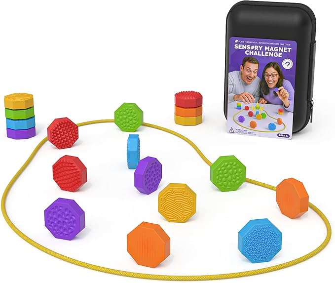 Magnetic Chess Game with Stones,Magnet Game with String - 18 Silicone-Covered Magnets Fidget Toy Textured Sensory Rock Toys Strategy Game for Stress Relief,ADHD, Travel Family Toys for Kids & Adults