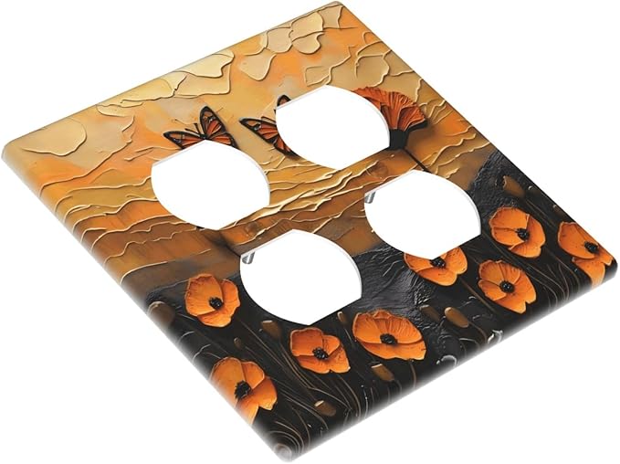 Oil Painting Flower Sunset Butterfly Vintage Rustic Floral Outlet Covers 2 Gang Double Duplex Decorative Light Switch Covers Electrical Wallplates Socket Faceplate for Bedroom Living Room Decor