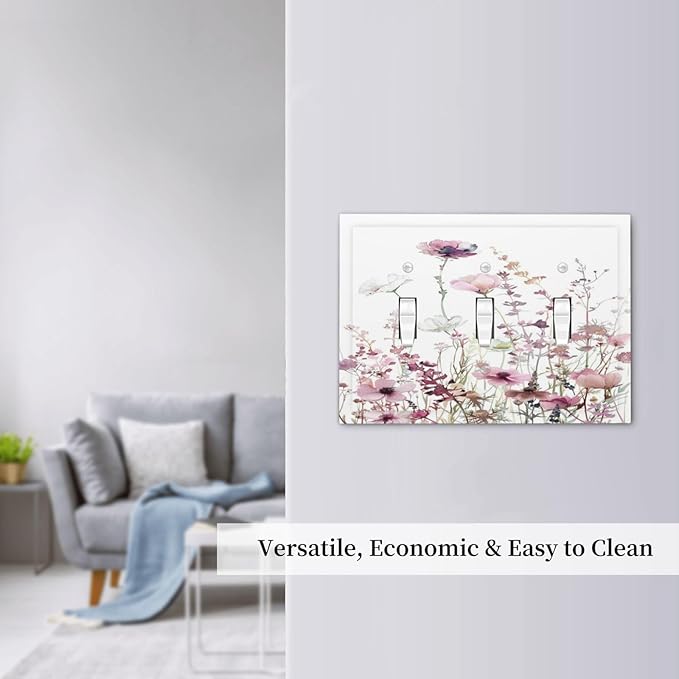 Floral Pink Watercolor Wildflowers Plant Flower Decorative Switch Plates 3 Gang Wall Plate Triple Toggle Light Switch Cover Faceplate Electrical Wall Panels for Bedroom Living Room Decor