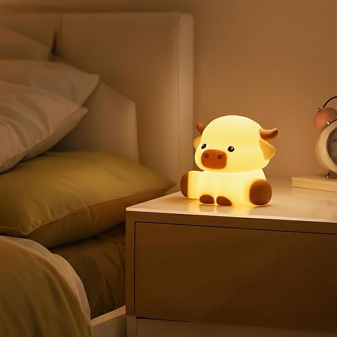 Cattle Night Light for Kids, Squishy Silicone 3-Level Dimmable Touch Control Cute Nightlight with Timer, Portable USB Rechargeable Nursery Pink Night Lamp Gifts for Baby, Toddler Room Decor