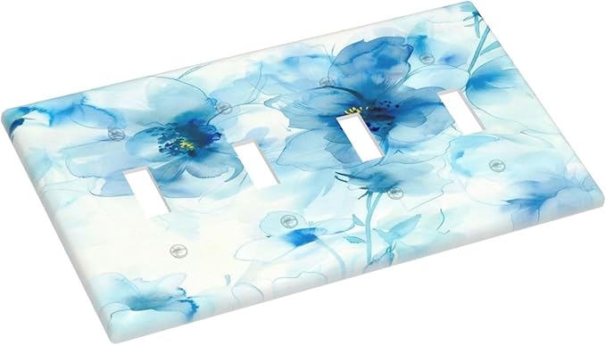 Watercolor Flower Blue White Large Floral Leaf Plants Light Switch Covers Quad Toggle Electrical Faceplate 4 Gang Wall Plate Decorative Switch Plates Cover for Bedroom Living Room Decor