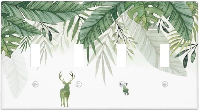 Deer Banana Leaves Palm Trees Green Plants Light Switch Covers Quad Toggle Electrical Faceplate 4 Gang Wall Plate Decorative Switch Plates for Bed Room Living Room Decor