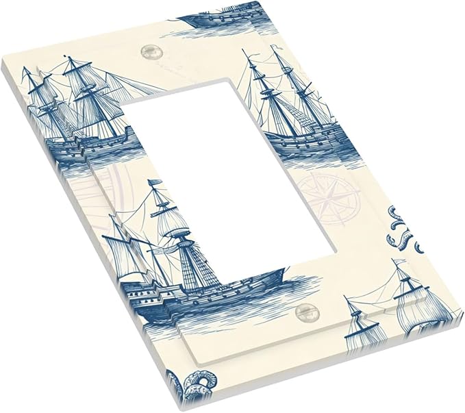 Vintage Nautical Ships Single Rocker Switch Cover - 1-Gang Standard US Size Old World Sailing Vessels Light Switch Covers, Blueprint Design for Beach House Decor