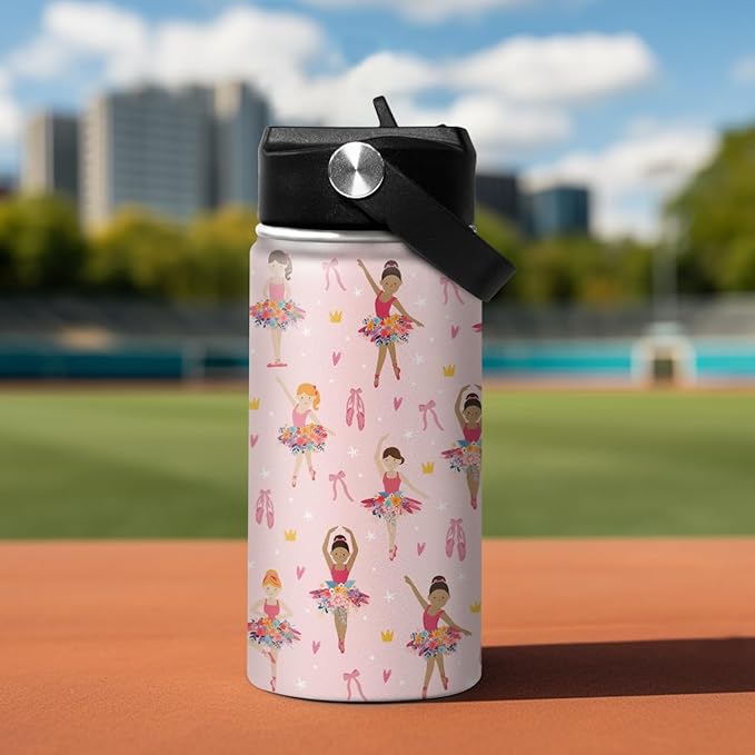 Kids Water Bottle Ballet Water Bottles 12oz with Straw Insulated Stainless Steel Travel School Tumbler Double Wall Vacuum Cup for Girls Kid