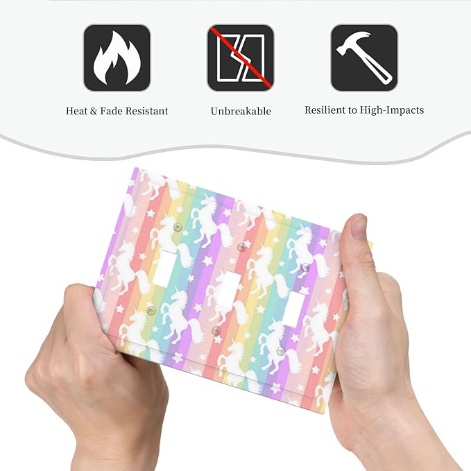 Colorful Cartoon Stars Girly Pink Purple Rainbow Unicorn Theme 3 Gang Triple Toggle Decorator Outlet Light Switch Cover Fantasy Girl Kid Play Bedroom Decorative Switch Face Wall Plates