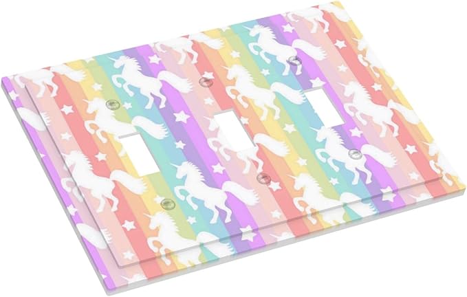Colorful Cartoon Stars Girly Pink Purple Rainbow Unicorn Theme 3 Gang Triple Toggle Decorator Outlet Light Switch Cover Fantasy Girl Kid Play Bedroom Decorative Switch Face Wall Plates