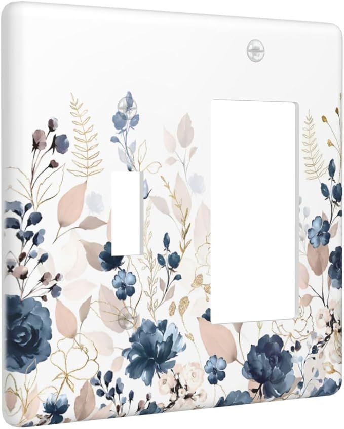 Blue Flora Boho Vintage Flower Golden Leaves Outlet Covers 1 Toggle 1 Rocker Combination Decorative Wall Plate Electrical Switch Plates Light Switch Cover Plate for Bedroom Living Room Decor