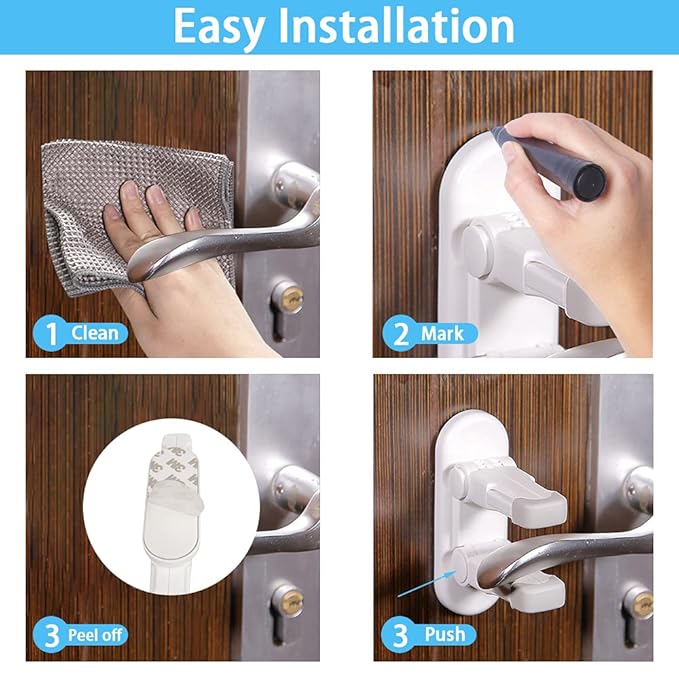 Improved Childproof Door Lever Lock（2 Pack）Prevents Toddlers from Opening Doors. Durable ABS with Adhesive Backing. Simple Install, No Tools Needed