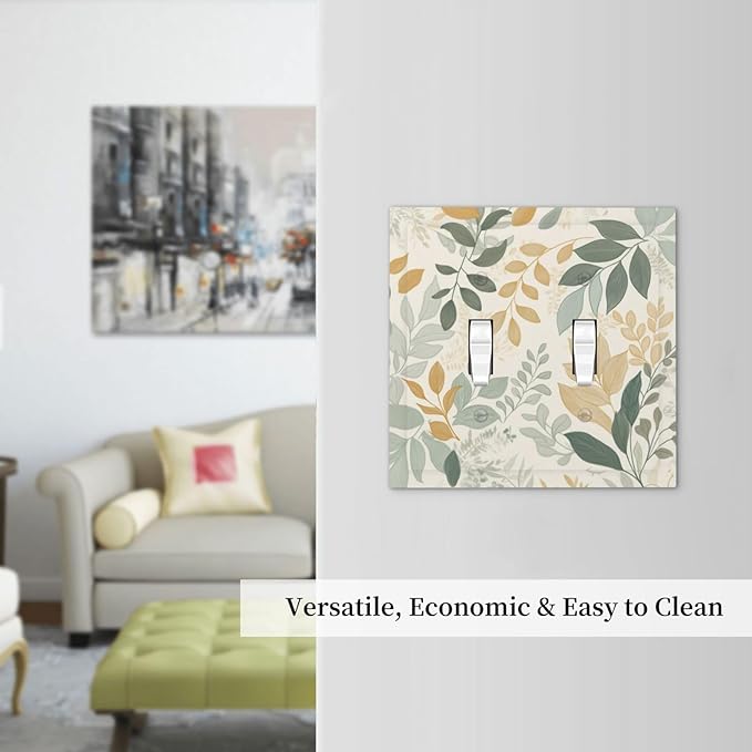 Boho Watercolor Leaves 2 Gang Light Switch Cover Green Botanical Double Toggle Wall Plate Decorative Electrical Switchplate Covers for Country Bedroom Kitchen Home Living Room Decor