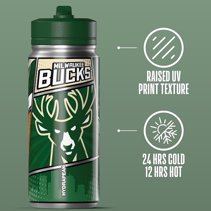 Hydrapeak x NBA Milwaukee Bucks 20 oz Stainless Steel Water Bottle, Officially Licensed Double Wall Insulated Sports Bottle with Straw Lid, Reusable Leakproof Gift for Kids & Adults