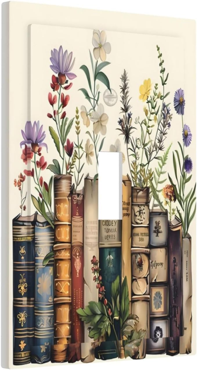 Plant Floral Books Colorful Flower Decorative Light Switch Cover 1 Gang Single Toggle Device Electrical Faceplate Switchplates Decorator Outlet Wall Plate for Kids Room Bedroom Decor