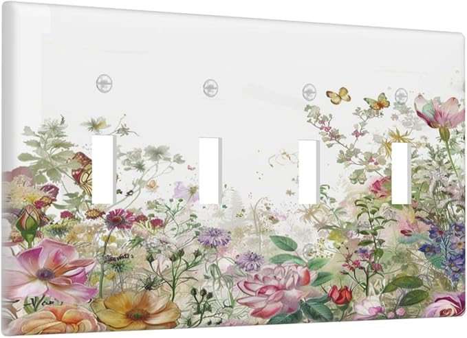 Light Switch Covers Boho Wildflower Colorful Floral Butterfly Quad Toggle Electrical Faceplate 4 Gang Wall Plate Decorative Switch Plates For Bed Room Living Room Decor