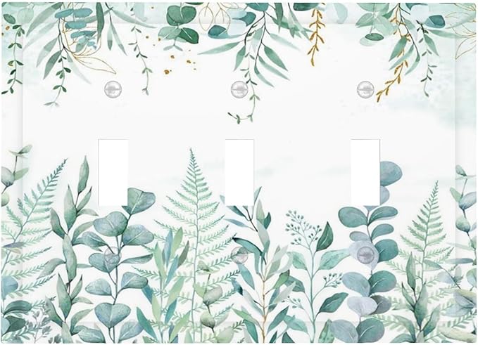 Boho Green Eucalyptus Leaf Floral Sage Flower Decorative Switch Plates 3 Gang Wall Plate Triple Toggle Light Switch Cover Faceplate Electrical Wall Panels for Bedroom Living Room Decor
