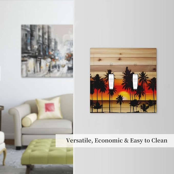 Sunset Beach Coconut Palm Tree Wooden Background Decorative Switch Plates 2 Gang Double Toggle Outlet Light Switch Cover Wall Plate Electrical Faceplate for Bedroom Living Room Decor