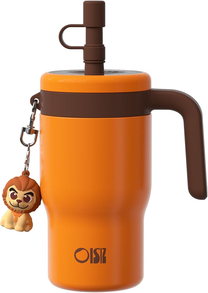 OISIZ 14oz Kids Tumbler with Straw Lid & Handle,Kids Cup with Animal Accessory for School,Kids Water Bottles with Dust-proof Cover,Leakproof Water Bottles,316 Stainless Steel,Keep Cold 24 Hours-orange