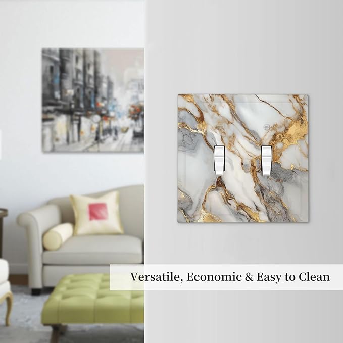 Light Switch Cover Plate White Gold Abstract Luxury Marble Patterns 2 Gang Double Switch Plate Covers Toggle Wallplate Decorative Outlet Covers Electrical Switchplate for Bathroom Home Decor
