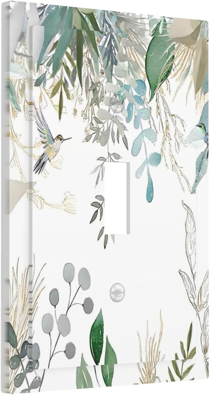 Green Tropical Palm Leaves Flower Plants Hummingbird Decorative Light Switch Cover 1 Gang Single Toggle Device Electrical Faceplate Switchplates Decorator Outlet Wall Plate for Bed Room Living Room