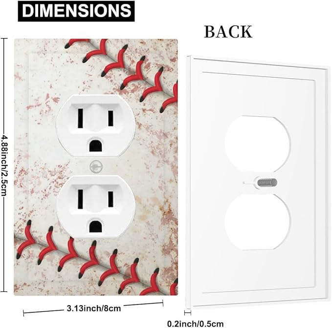 Vintage Baseball Stitch & Distressed Leather Duplex Wall Plate - 1-Gang Standard US Size Home Run Game Themed Outlet Covers for Boy's Bedroom Decor