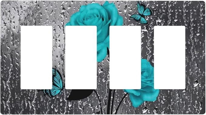 Romantic Elegant Butterfly Turquoise Teal Blue Grey Rose Flower Raindrop Floral 4 Gang Quad Device Screwless Decorator GFCI/Rocker Wall Plate Light Switch Dimmer Receptacle Outlet Cover Standard Size
