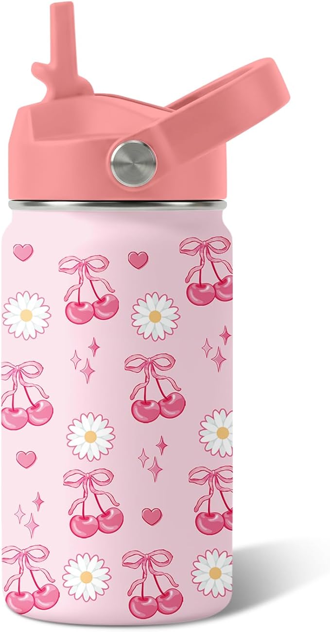 Cherry Gifts for Girls - 12oz Pink Water Bottle with Straw Lid, Stainless Steel Insulated Tumbler, Leakproof, BPA-Free, for Women, Travel - Cherry Lovers Birthday Gift Cup (1pc)