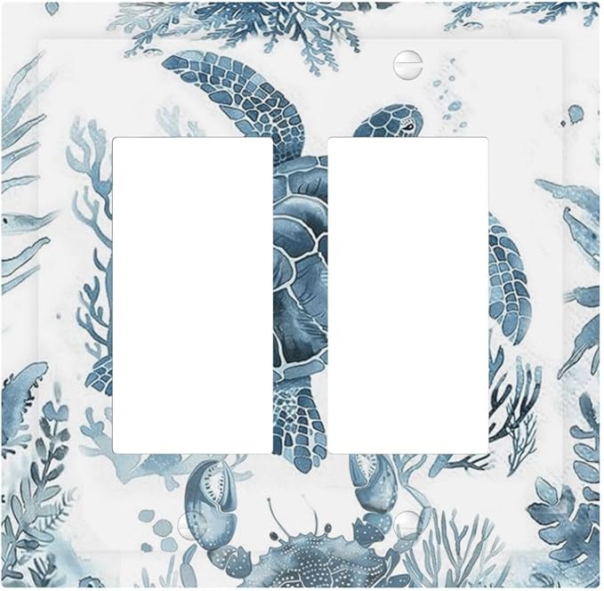 Blue Sea Turtle Coastal Coral Beach Crab Seaweed Decorative Outlet Covers 2 Gang Double GFCI Rocker Electrical Wall Panels Light Switch Cover Plate for Kids Room Bathroom Decor