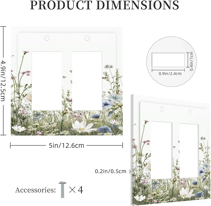Colorful Wildflowers Daisy Plant Butterfly Floral Decorative Outlet Covers 2 Gang Double GFCI Rocker Electrical Wall Panels Light Switch Cover Plate for Bed Room Living Room Decor