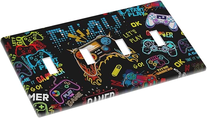 Gamer Video Game Themed Cool Controller Print Light Switch Covers Quad Toggle Electrical Faceplate 4 Gang Wall Plate Decorative Switch Plates Cover for Kids Room Office Decor