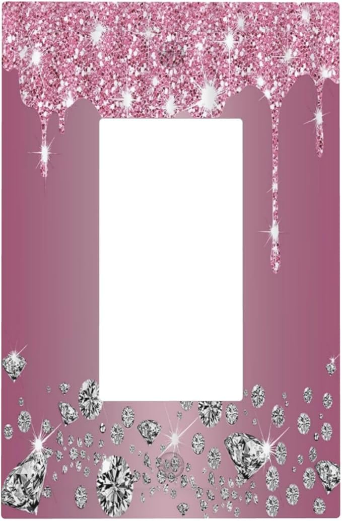 Sparkling Diamonds Pink Silver Glitter Drops Print 1 Gang Rocker Light Switch Covers Decorative Unique Single Decora Outlet Wall Plate Faceplate Switchplate GFCI for Bedroom Bathroom Decor