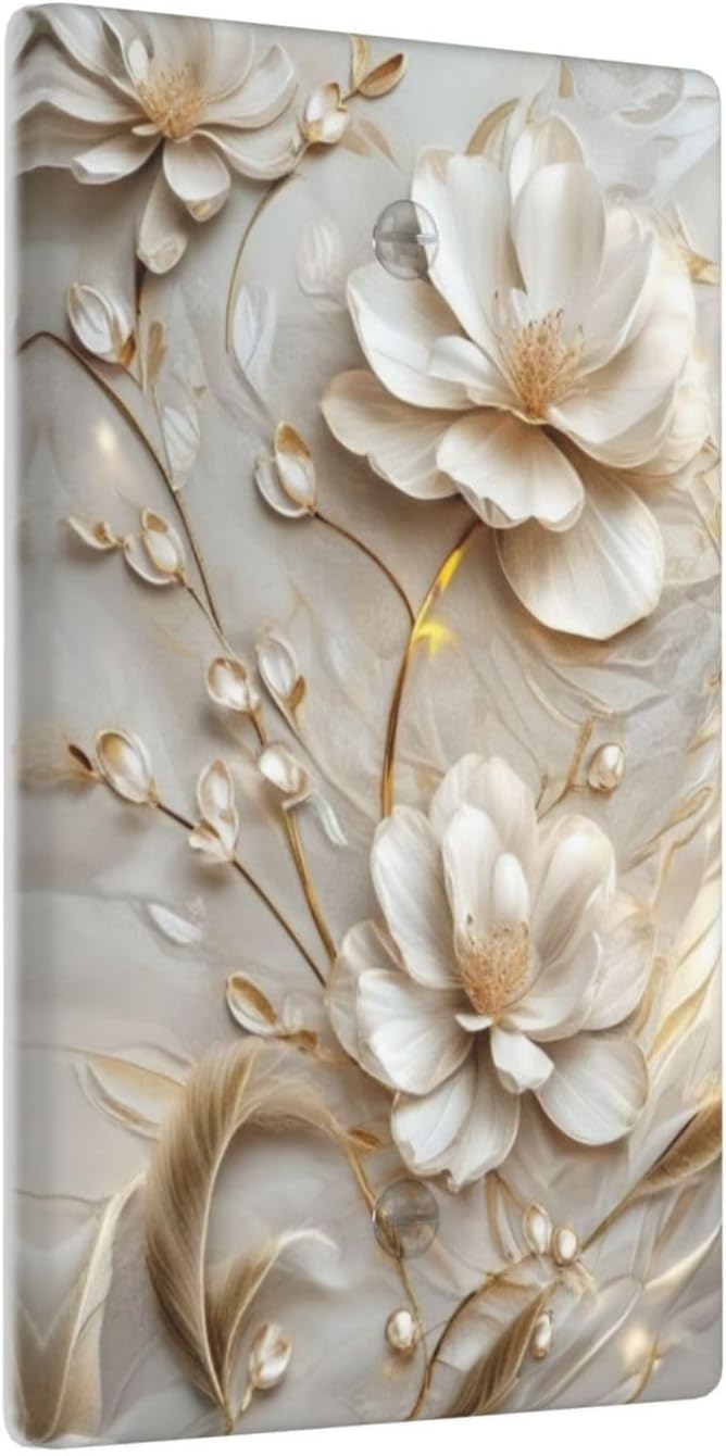 Decorative Art Light Switch Covers Elegant White and Gold Florals 1 Gang No Device Blank Switchplate Electrical Faceplate for Home Decor