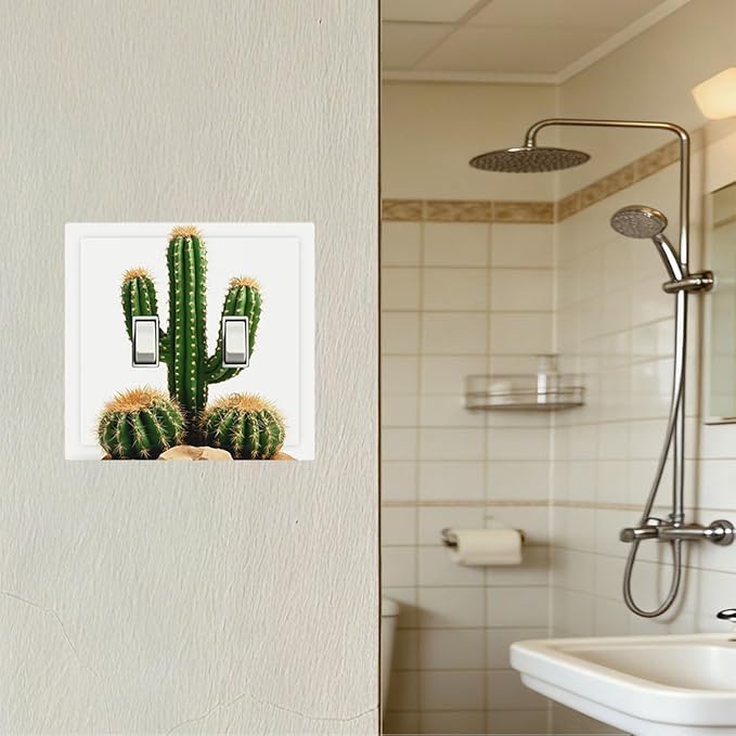 Boho Cactus Garden Double Toggle Switch Cover - 2-Gang Standard US Size Minimalist Desert Landscape Design Light Switch Covers for Bedroom Bathroom Living Room Decor