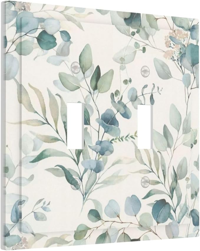 Boho Green White Eucalyptus Leaf Floral Decorative Switch Plates 2 Gang Double Toggle Outlet Light Switch Cover Wall Plate Electrical Faceplate for Farmhouse Living Room Decor