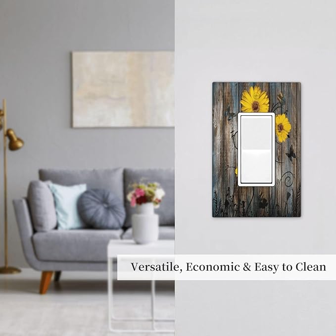 Rustic Barn Sunflower Wooden Daisy Flower Plank Decorative Outlet Covers 1 Gang Single Rocker Light Switch Cover Plate Wall Plates GFCI Faceplate for Farmhouse Home Decor