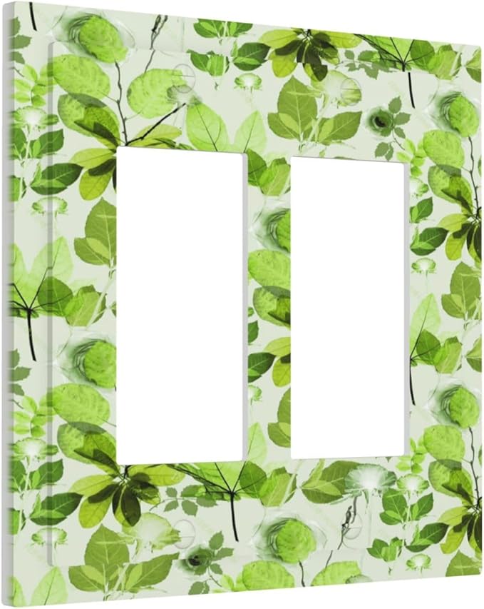Green Leaves Spring Plant Floral Decorative Outlet Covers 2 Gang Double GFCI Rocker Electrical Wall Panels Light Switch Cover Plate for Bed Room Living Room Decor