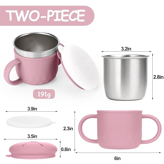 Toddler Snack Containers Stainless Steel Spill-Proof Snack Containers for Toddlers with Spill-Proof Silicone Lids and Handles 4-in-1 Baby Snack Cup is Dishwasher Safe for Easy use On The Go（Pink）