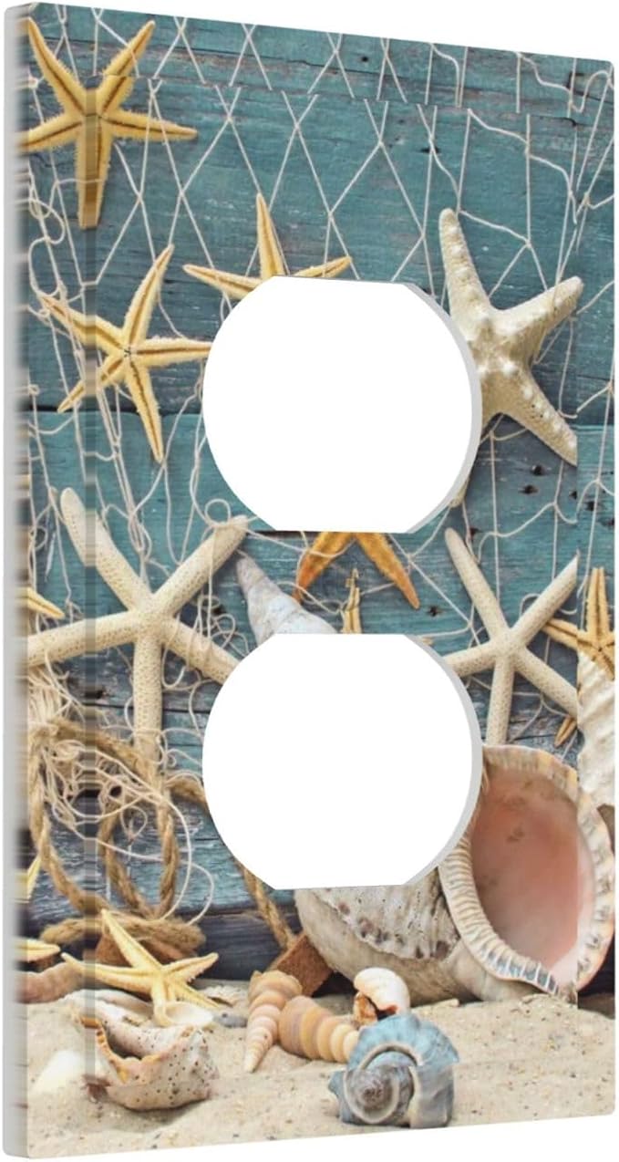 Nautical Beach Starfish Teal Wood 1 Gang Outlet Plate Covers Decorative Single Duplex Wall Plate Electrical Receptacle Light Switch Cover Electric Switchplate Country Decor