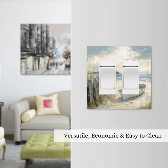 Sea Beach Double Rocker Light Switch Cover Old Ship Reed Lighthouse Seascape 2 Gang Outlet Covers Switchplates Decorative Wall Plate for Country Bedroom Kitchen Living Room Decor