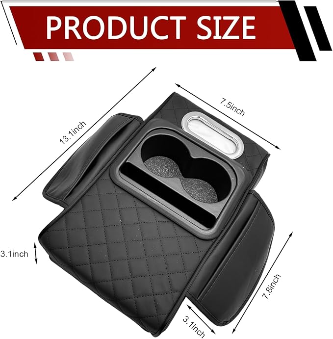 Car Center Console Cover, Upgrade 5-in-1 Genuine Leather Thickened Armrest Box, Armrest Storage Box with Cup, Universal Car Accessories Interior Organizers, for Most Cars (Black)