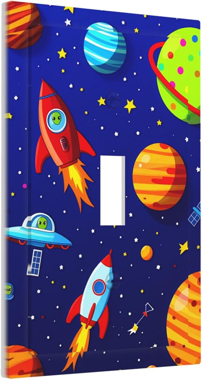 Planets Rockets & Aliens 1-Gang Toggle Light Switch Plate, Cosmic Space Decorative Wall Plate for Boys Bedroom