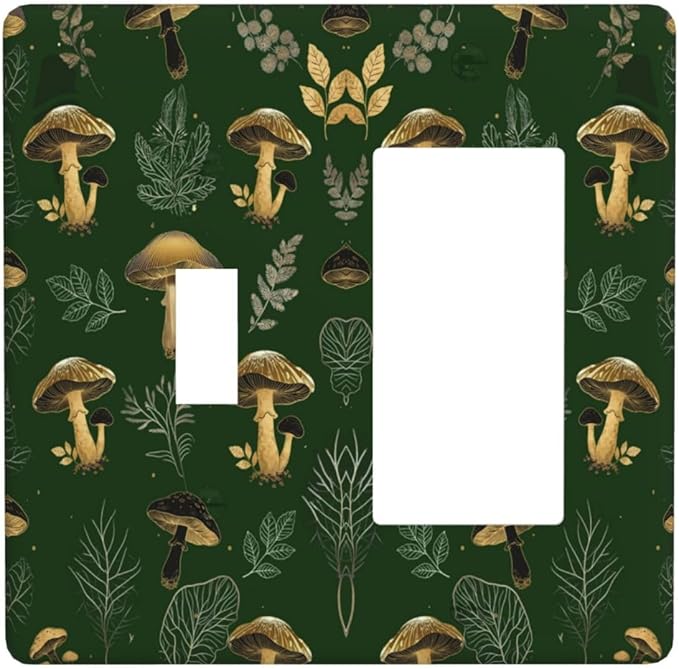 Decorative Outlet Covers Cute Gold Mushtroom Green Plant Leaf 2 Gang Light Switch Cover Plate Single Toggle 1 Rocker Wall Plates for Electrical Outlets Switch Plate Covers for Home Decor