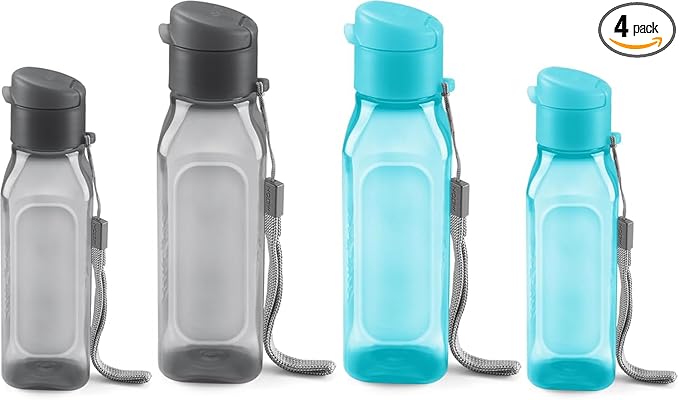 MILTON Bulk Water Bottles Set of 4 – 10 and 17oz Multicolor Bottles for Kids and Adults – Leak Proof with Carry Strap – Square Reusable Bottles for Juice, Drinks BPA-Free Dishwasher-Safe