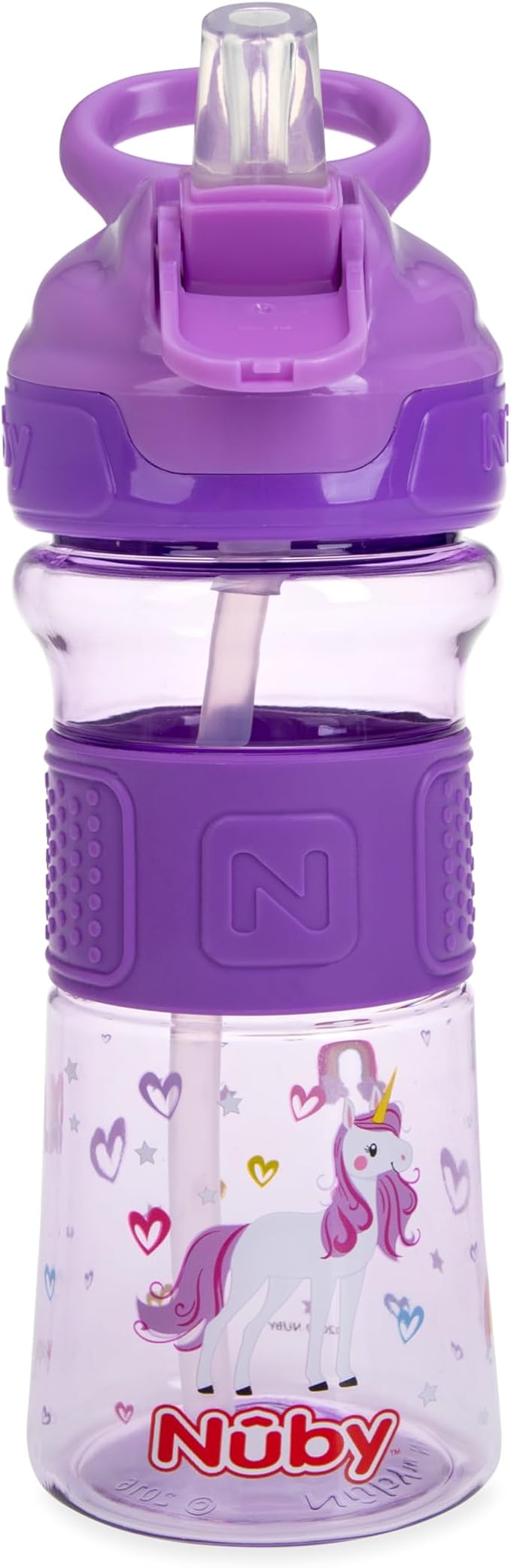 Nuby Thirsty Kids Push Button Flip-it Soft Spout on The Go Water Bottle with Easy Grip Band, 12oz, Unicorn