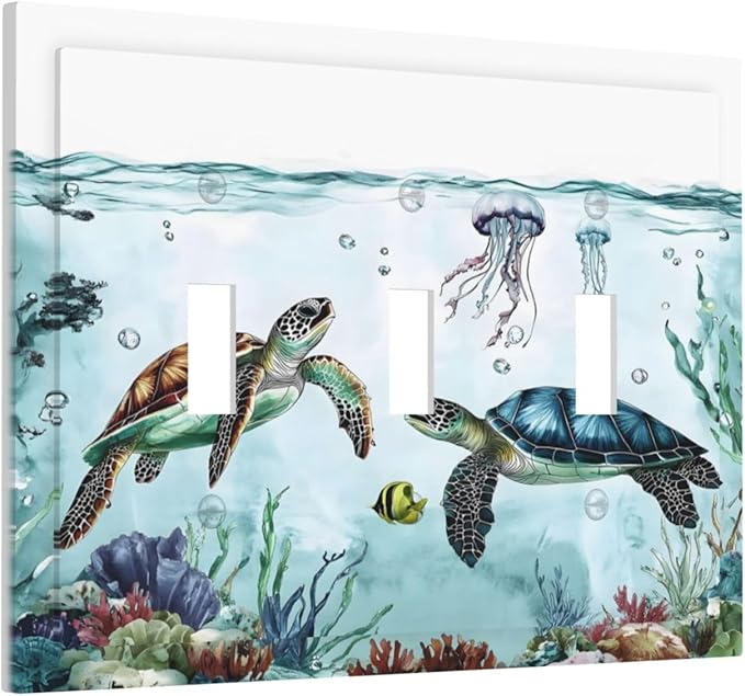 Sea Turtles Sea Coral Seaweed Ocean Jellyfish Decorative Switch Plates 3 Gang Wall Plate Triple Toggle Light Switch Cover Faceplate Electrical Wall Panels for Kids Room Bathroom Decor