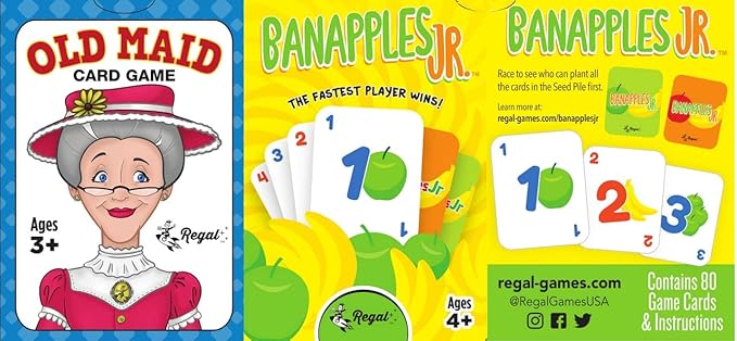 Regal Games Banapples Jr. & Old Maid Kids Card Games Ages 4 5 6 7 8+ | Family Fun Playing Card Set (80 Game Cards, 2 Pack)