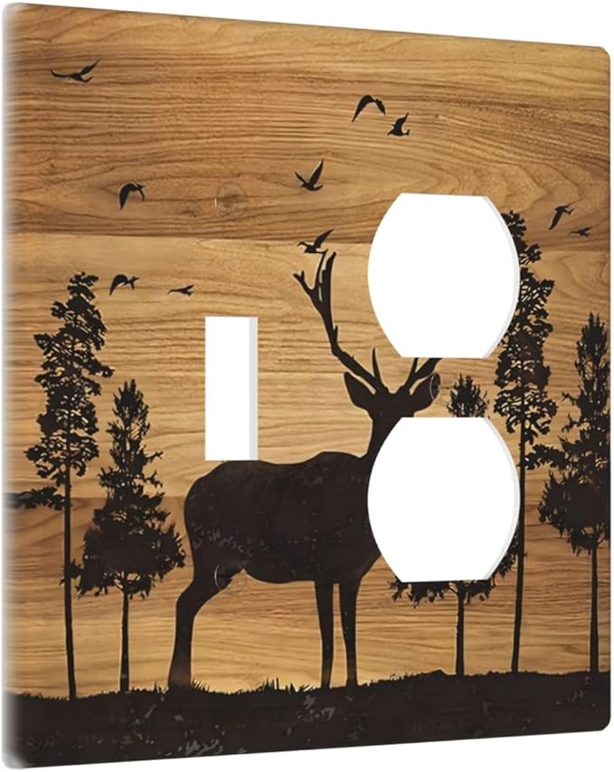 Elk Moose Forest Hunting Pyrography Art Wood Texture Print Wallplates 1 Toggle 1 Duplex Switch Plate Electrical GFCI Faceplate Decorative Light Switch Covers for Farmhouse Bedroom Decor
