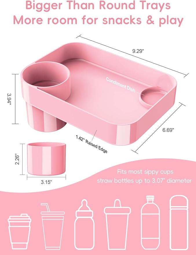 Car Seat Cup Holder Snack Tray for Kids, Reduces Mess, Detachable Large Base & Adjustable Ring, Carseat Tray for Toddler, Car Seat Food Tray Eating Table for Kids Travel Road Trip -Pink