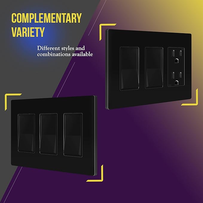 ENERLITES - SI8833-BK-STICKER Screwless Decorator Wall Plates Child Safe Outlet Covers, Size 3-Gang 4.68" H x 6.53” L, Unbreakable Polycarbonate Thermoplastic, SI8833-BK, Glossy, Black