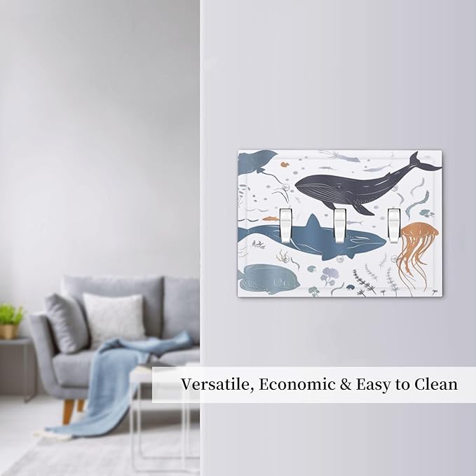 Kids Sea Animal Decorative 3 Gang Light Switch Covers Triple Toggle Wall Plate Decorative Switchplate Electrical Faceplate for Nursery Kidsroom Bedroom Decor