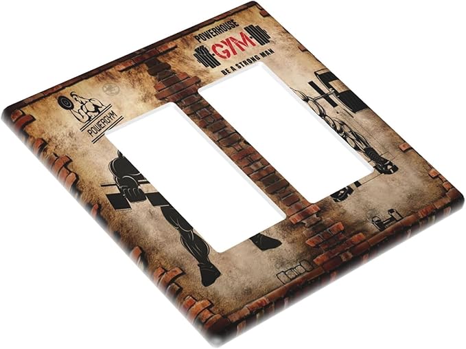 Vintage Gym Retro Brick Dumbbell Muscular Man Double Rocker Wall Plates 2 Gang Light Switch Cover Decorative GFCI Electrical Switchplate Dimmer for Bedroom Boyroom Bathroom Decor