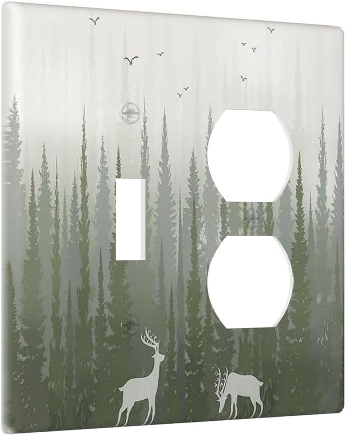 Green Pine Tree Deer Country Forest Bird Nature Mist Wallplates 1 Toggle 1 Duplex Electrical Gfci Faceplate Decorative Light Switch Covers Switch Plate for Bedroom Home Decor