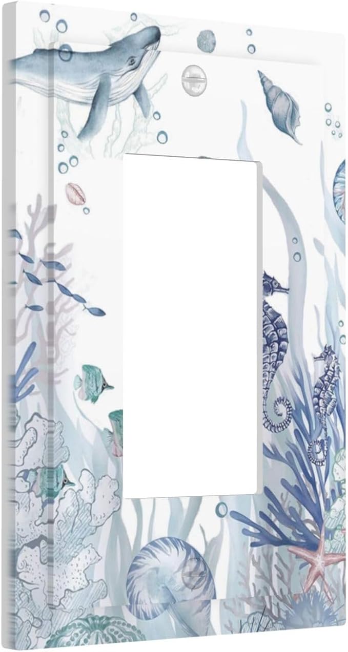Ocean Themed Coral Seahorse Seashell Starfish Beach Decorative Outlet Covers 1 Gang Single Rocker Light Switch Cover Plate Wall Plates GFCI Faceplate for Bathroom Home Decor